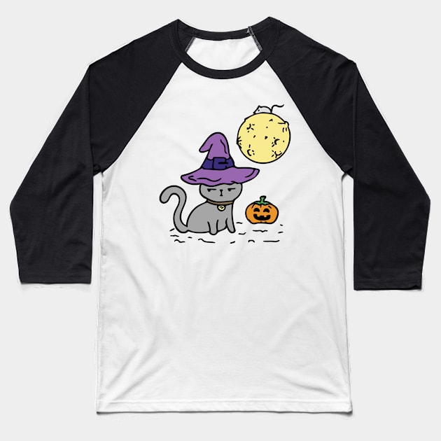 Funny Halloween cat in a hat with the moon, pumpkin, and a mouse. Baseball T-Shirt by ArtsByNaty